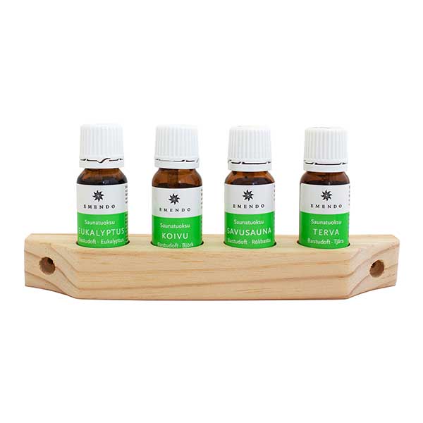 Parfums de sauna 4×10 ml - Support mural en bois